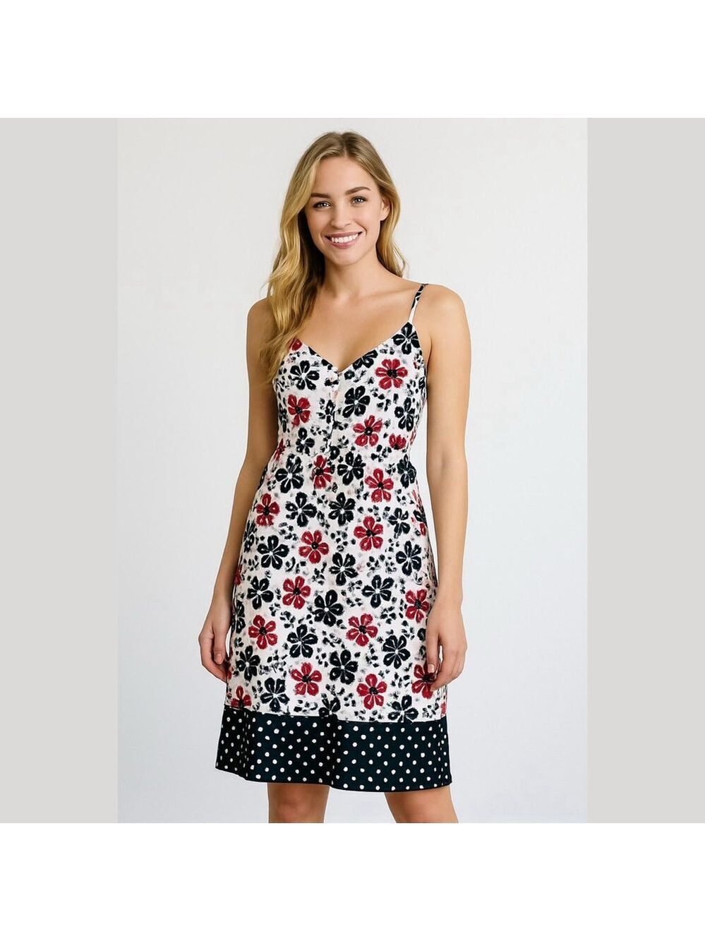 Vintage black white red floral and polkadot spaghetti strap dress Jr size small